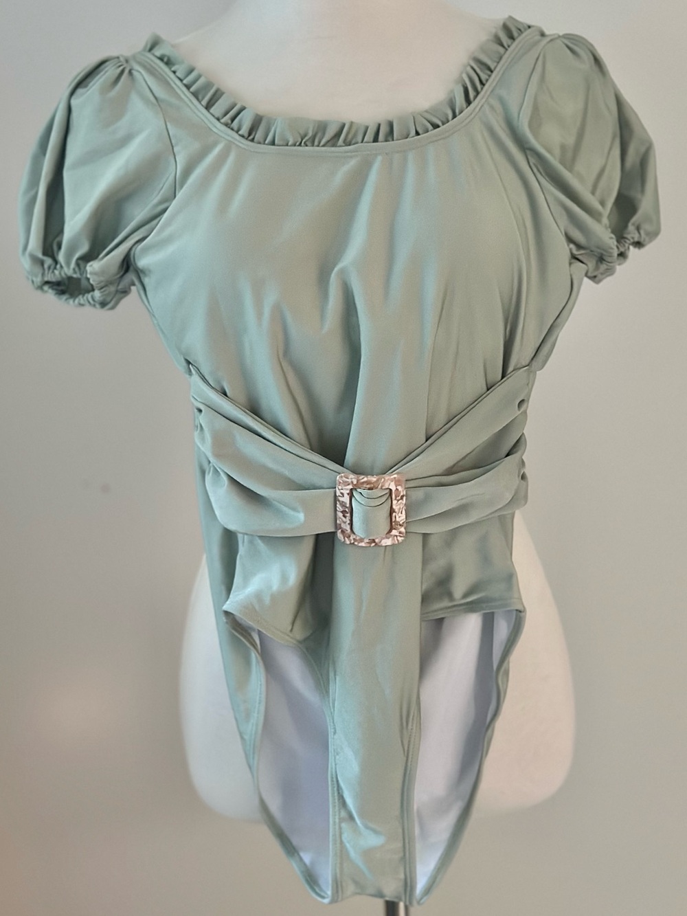 “And The Why” Swimsuit Dusty Mint Green Belted Puffy Sleeve Tie Back New